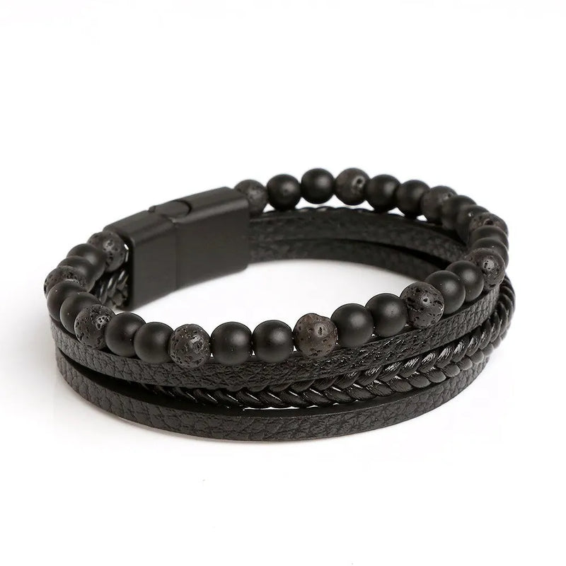 🔥 Pulseira Masculina Couro & Pedra Natural – Estilo Clássico com Olho de Tigre | Multi Camadas