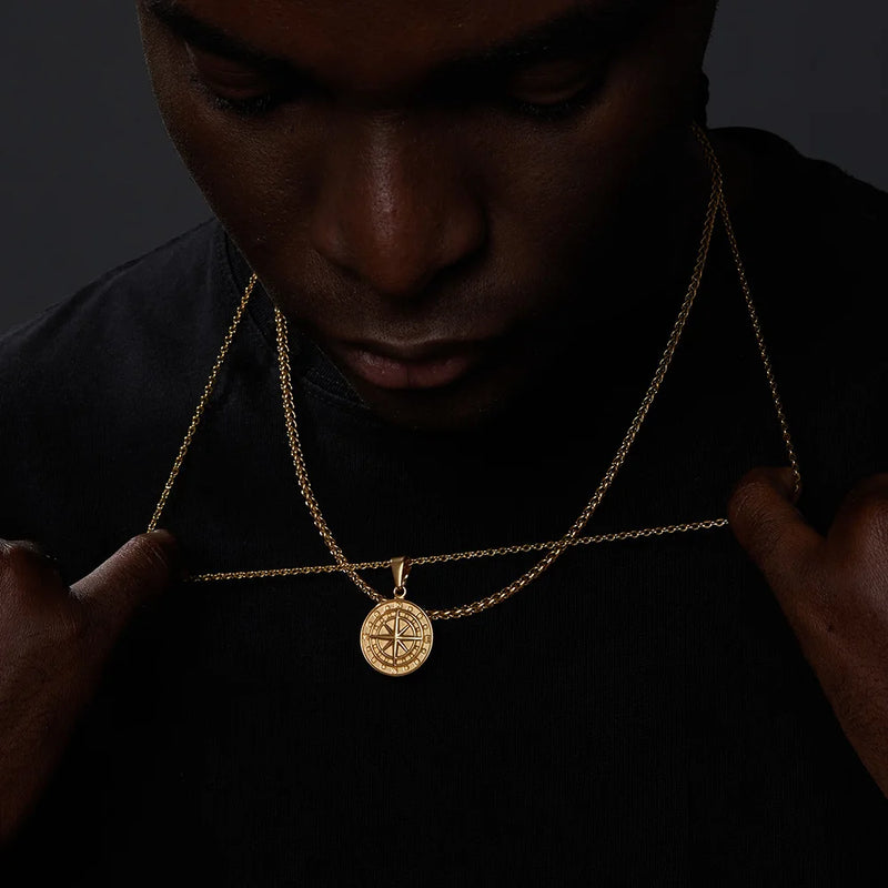 🔗 Colar Masculino em Aço Inoxidável VNOX – Pingente Redondo Layered | Prata ou Dourado | 60cm