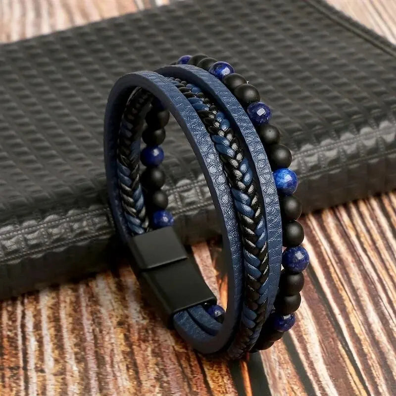🔥 Pulseira Masculina Couro & Pedra Natural – Estilo Clássico com Olho de Tigre | Multi Camadas
