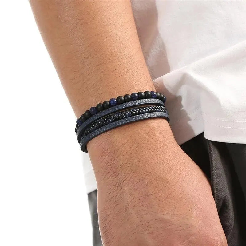 🔥 Pulseira Masculina Couro & Pedra Natural – Estilo Clássico com Olho de Tigre | Multi Camadas