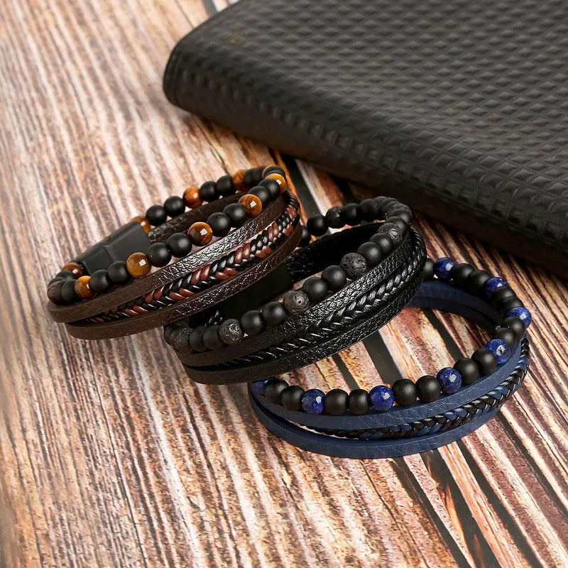 🔥 Pulseira Masculina Couro & Pedra Natural – Estilo Clássico com Olho de Tigre | Multi Camadas